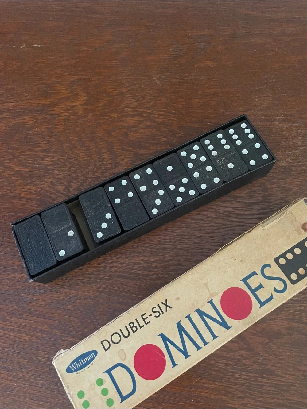 Whitman Double-Six Dominoes Box - Red, Blue, Green